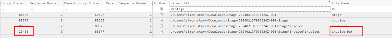 Hex editor view of the MFT offset calculation used to locate the stager file