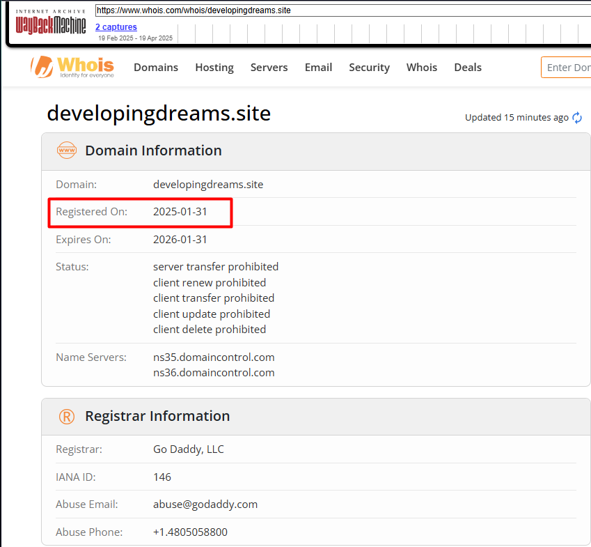 WHOIS lookup showing developingdreams.site domain creation date