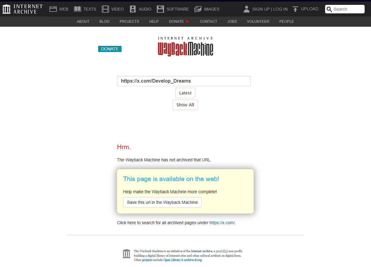 X icon on the archived site linking to the company profile