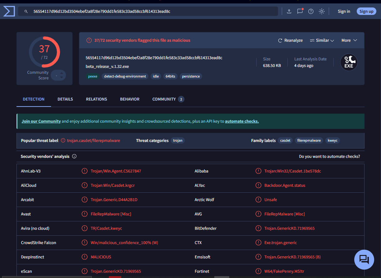 VirusTotal result for the executable’s SHA-256 hash