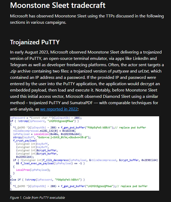 Microsoft security blog excerpt naming PuTTY as a trojanized tool used by Moonstone Sleet