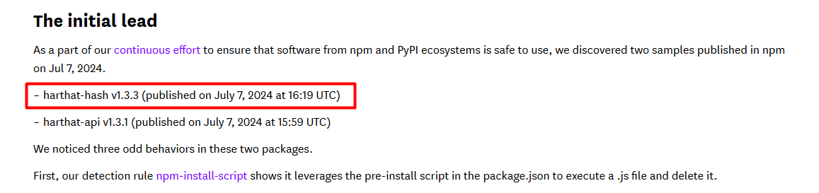 Datadog Security Labs article showing the malicious npm package harthat-hash version 1.3.3